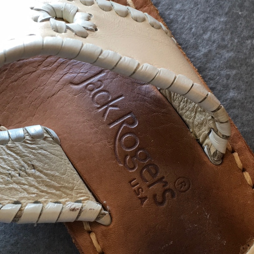 Jack Rogers Cream Leather Whipstitch Thong Sandal with Tan Footbed - Picture 3 of 8